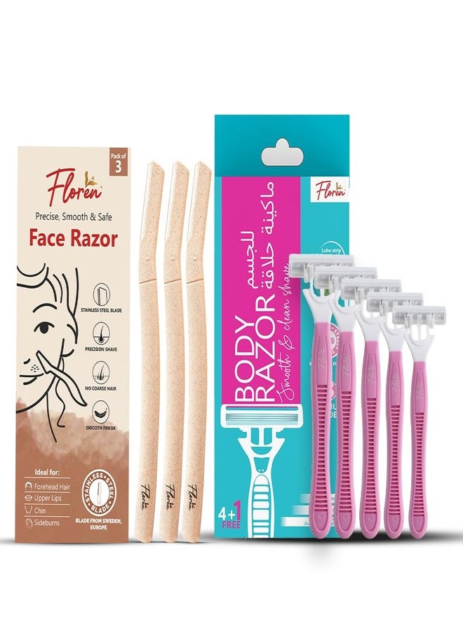 Floren Face Razor for Women (pack of 3) & Disposable body razor (pack of 5) | Instant & Painless Hair Removal | Travel Friendly | Salon like Glow - Image 1